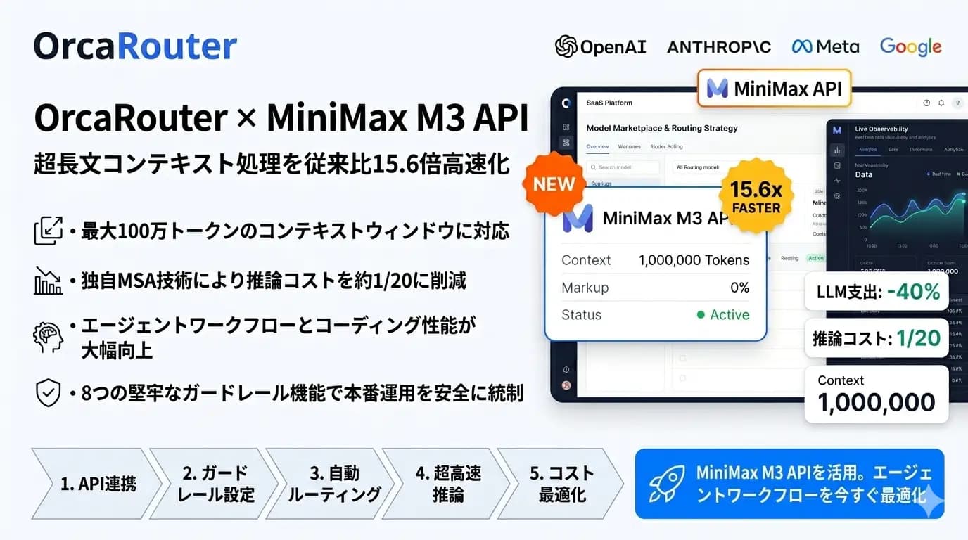 OrcaRouterで次世代AIモデル「MiniMax M3」APIをサポート開始 ― 超長文コンテキスト処理を従来比15.6倍高速化、100万トークン対応で企業のAI活用を加速